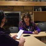 Landon Dubber interviews Janice Villegas at Central Peninsula Hospital in Soldotna, Alaska, on Wednesday, Feb. 15, 2023. (Cadance Bitterich/Peninsula Clarion)