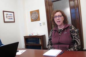 Carol Beecher, the new director of the Alaska Division of Elections, speaks during a news conference on Thursday, Feb. 16, 2023, in Juneau, Alaska. Beechers appointment as director was announced a day earlier by Lt. Gov. Nancy Dahlstrom, who participated in a Thursday news conference by phone. (AP Photo/Becky Bohrer)