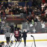 Kenai River head coach Taylor Shaw thanks the crowd after the Brown Bears defeated the Fairbanks Ice Dogs in overtime Saturday, Feb. 18, 2023, at the Soldotna Regional Sports Complex in Soldotna, Alaska. (Photo by Jeff Helminiak/Peninsula Clarion)