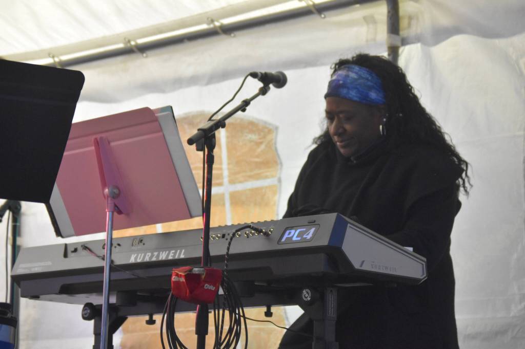 The Derek Poppin Band perform during Frozen RiverFest on Saturday, Feb. 18, 2023, at Soldotna Creek Park in Soldotna, Alaska. (Jake Dye/Peninsula Clarion)