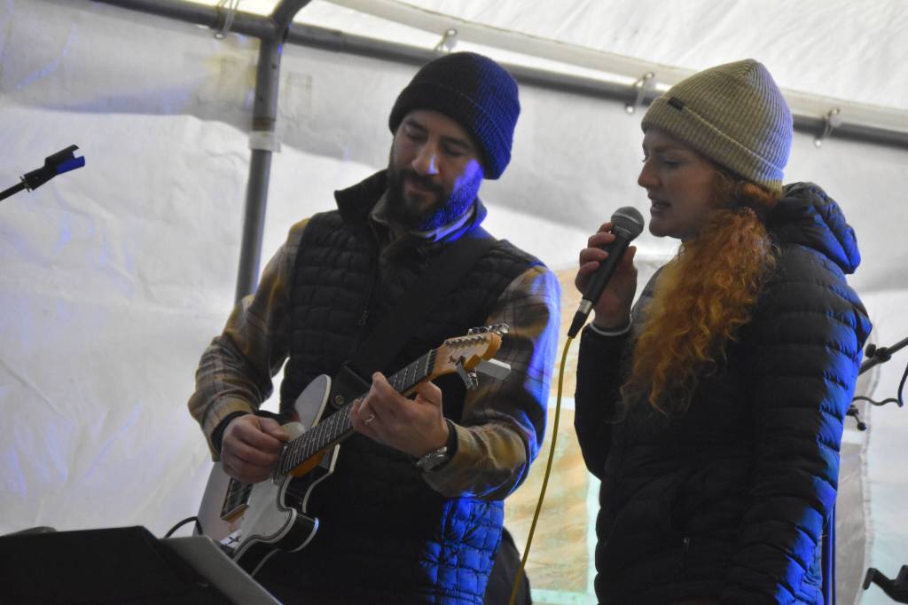 The Derek Poppin Band perform during Frozen RiverFest on Saturday, Feb. 20, 2023, at Soldotna Creek Park in Soldotna, Alaska. (Jake Dye/Peninsula Clarion)