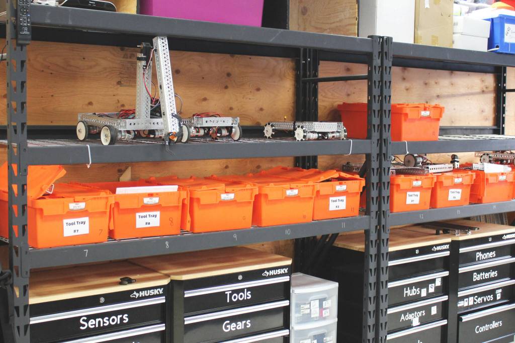 Robots and materials sit on shelves inside a classroom at Soldotna High School on Wednesday, Feb. 22, 2023 in Soldona, Alaska. (Ashlyn OHara/Peninsula Clarion)