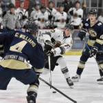 Kenai River Brown Bears forward Garett Drotts carries the puck against the Janesville (Wisconsin) Jets on Saturday, Feb. 25, 2023, at the Soldotna Regional Sports Complex in Soldotna, Alaska. (Photo by Jeff Helminiak/Peninsula Clarion)