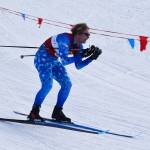 Soldotnas Andrew Cox tucks for a downhill during the first leg of the boys 4x5-kilometer relay at the ASAA State Nordic Ski Championships at Kincaid Park in Anchorage, Alaska, on Saturday, Feb. 25, 2023. (Jake Dye/Peninsula Clarion)