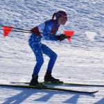 Soldotnas Tania Boonstra rounds a bend during the first leg of the girls 4x3.5-kilometer relay at the ASAA State Nordic Ski Championships at Kincaid Park in Anchorage, Alaska, on Saturday, Feb. 25, 2023. (Jake Dye/Peninsula Clarion)