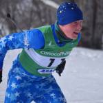 Bennjamin Abel, of Soldotna, pushes through the second leg of the boys 4x5-kilometer relay at the ASAA State Nordic Ski Championships at Kincaid Park in Anchorage, Alaska, on Saturday, Feb. 25, 2023. (Jake Dye/Peninsula Clarion)