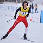 Robert Carson, of Kenai, takes off on the third leg of the boys 4x5-kilometer relay at the ASAA State Nordic Ski Championships at Kincaid Park in Anchorage, Alaska, on Saturday, Feb. 25, 2023. (Jake Dye/Peninsula Clarion)