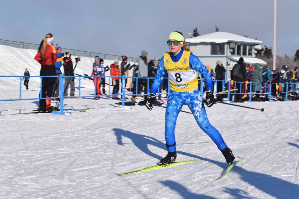 Soldotnas Avery Ciufo sets out on the third leg of the girls 4x3.5-kilometer relay at the ASAA State Nordic Ski Championships at Kincaid Park in Anchorage, Alaska, on Saturday, Feb. 25, 2023. (Jake Dye/Peninsula Clarion)