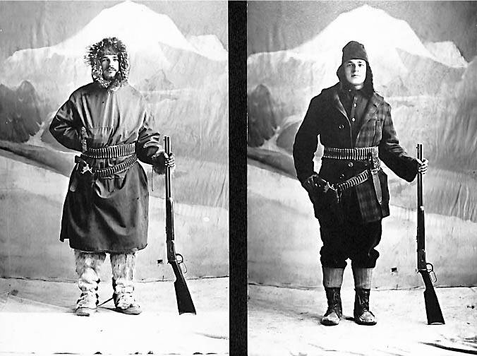 Photo courtesy of the University of Alaska Fairbanks archives 
This photo postcard, purported showing William Dempsey (L) and an unnamed partner, was one of two such cards that Dempsey sent from Alaska to his parents in Cleveland in late 1918 and early 1920.