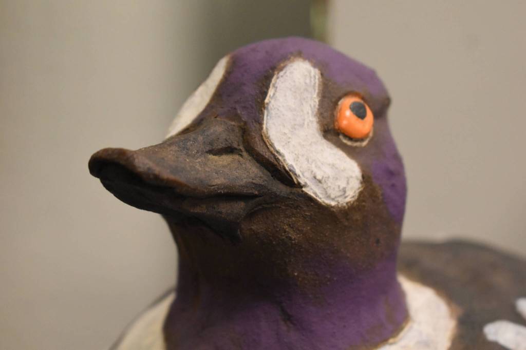 A sculpture of a duck stands in the Kenai Art Center in Kenai, Alaska on Feb. 28, 2023, part of Bird Call, the centers March show. (Jake Dye/Peninsula Clarion)