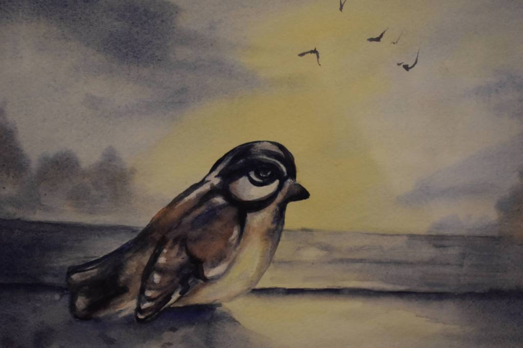 A painting of a small bird is seen hanging on Feb. 28, 2023, at the Kenai Art Center in Kenai, Alaska, part of Bird Call, the centers March show. (Jake Dye/Peninsula Clarion)