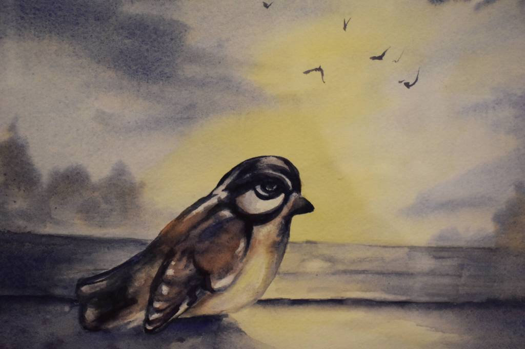 A painting of a small bird is seen hanging on Feb. 28, 2023, at the Kenai Art Center in Kenai, Alaska, part of Bird Call, the centers March show. (Jake Dye/Peninsula Clarion)