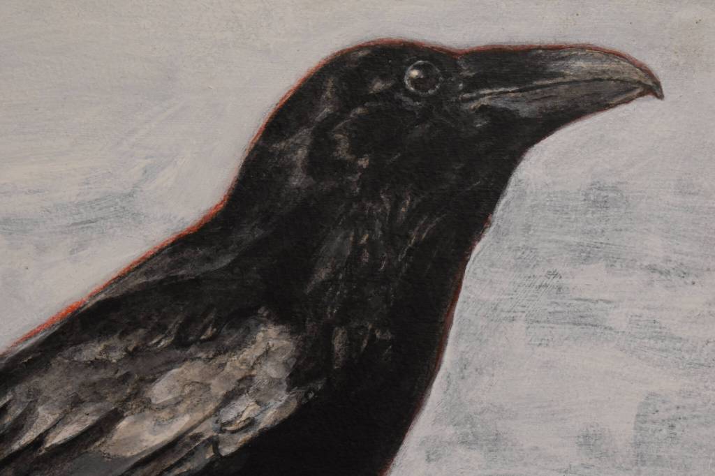 A painting of a bird is seen hanging on Feb. 28, 2023, at the Kenai Art Center in Kenai, Alaska, part of Bird Call, the centers March show. (Jake Dye/Peninsula Clarion)