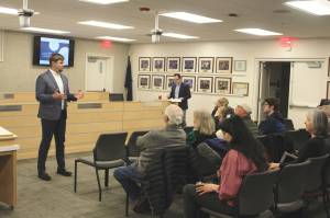 Sen. Jesse Bjorkman, R-Nikiski, (left) answers questions from attendees at a town hall event on Saturday, Feb. 25, 2023, in Soldotna, Alaska. (Ashlyn OHara/Peninsula Clarion)