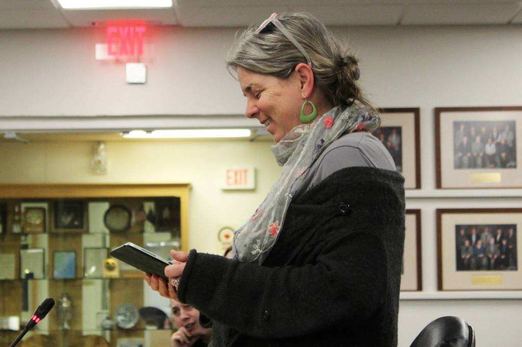 Leslie Jacoby, whose daughter Lydia is an Olympic gold medalist swimmer from Seward, testifies testifies in opposition to the proposed cut of Kenai Peninsula Borough School District pool managers during a board of education meeting on Monday, March 6, 2023 in Soldotna, Alaska. (Ashlyn OHara/Peninsula Clarion)