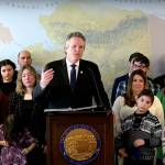 Gov. Mike Dunleavy unveils proposals to offer public school teachers annual retention bonuses and enact policies similar so-called dont say gay laws in states such as Florida during a press conference in Anchorage on Tuesday, March 7, 2023. (Screenshot from official livestream)