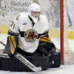 Kenai River goaltender Nils Wallstrom makes a save Saturday, Feb. 25, 2023, against the Janesville (Wisconsin) Jets at the Soldotna Regional Sports Complex in Soldotna, Alaska. (Photo by Jeff Helminiak/Peninsula Clarion)