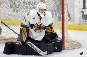 Kenai River goaltender Nils Wallstrom makes a save Saturday, Feb. 25, 2023, against the Janesville (Wisconsin) Jets at the Soldotna Regional Sports Complex in Soldotna, Alaska. (Photo by Jeff Helminiak/Peninsula Clarion)