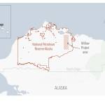 A map shows the location of the Willow oil field project in the National Petroleum Reserve-Alaska, where more than 200 drills are scheduled to be drilled during a 30-year period if approved. (The Associated Press)