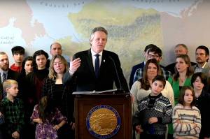 Gov. Mike Dunleavy unveils proposals to offer public school teachers annual retention bonuses and enact policies restricting discussion of sex and gender in education during a news conference in Anchorage. (Screenshot)