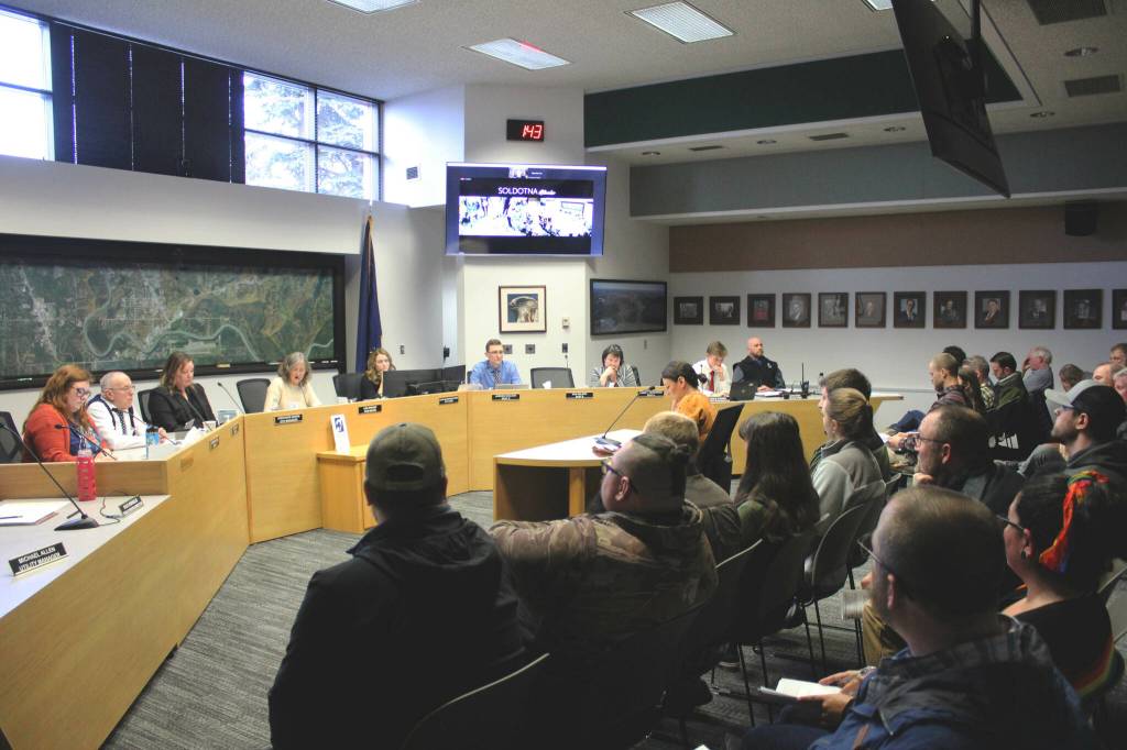 Audre Hickey testifies in opposition to an ordinance that would implement a citywide lewdness prohibition in Soldotna during a city council meeting on Wednesday, March 22, 2023, in Soldotna, Alaska. (Ashlyn OHara/Peninsula Clarion)