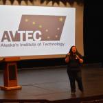 A representative of AVTEC delivers a presentation to students at Seward High Schools Career Day on Thursday, March 23, 2023, at Seward High School in Seward, Alaska. (Jake Dye/Peninsula Clarion)
