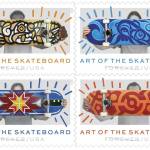 This image provided by the U.S. Postal Service shows its new the Art of the Skateboard Forever stamps. The agency on Friday, March 24, 2023, is debuting the stamps at a Phoenix skate park. The stamps feature designs from four artists from around the country, including two Indigenous artists. (Courtesy of USPS via AP)