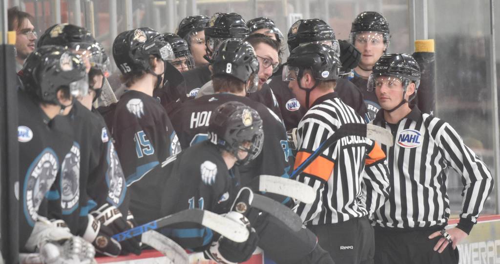 Kenai River Brown Bears head coach Taylor Shaw argues a call Saturday, March 25, 2023, at the Soldotna Regional Sports Complex in Soldotna, Alaska. (Photo by Jeff Helminiak/Peninsula Clarion)