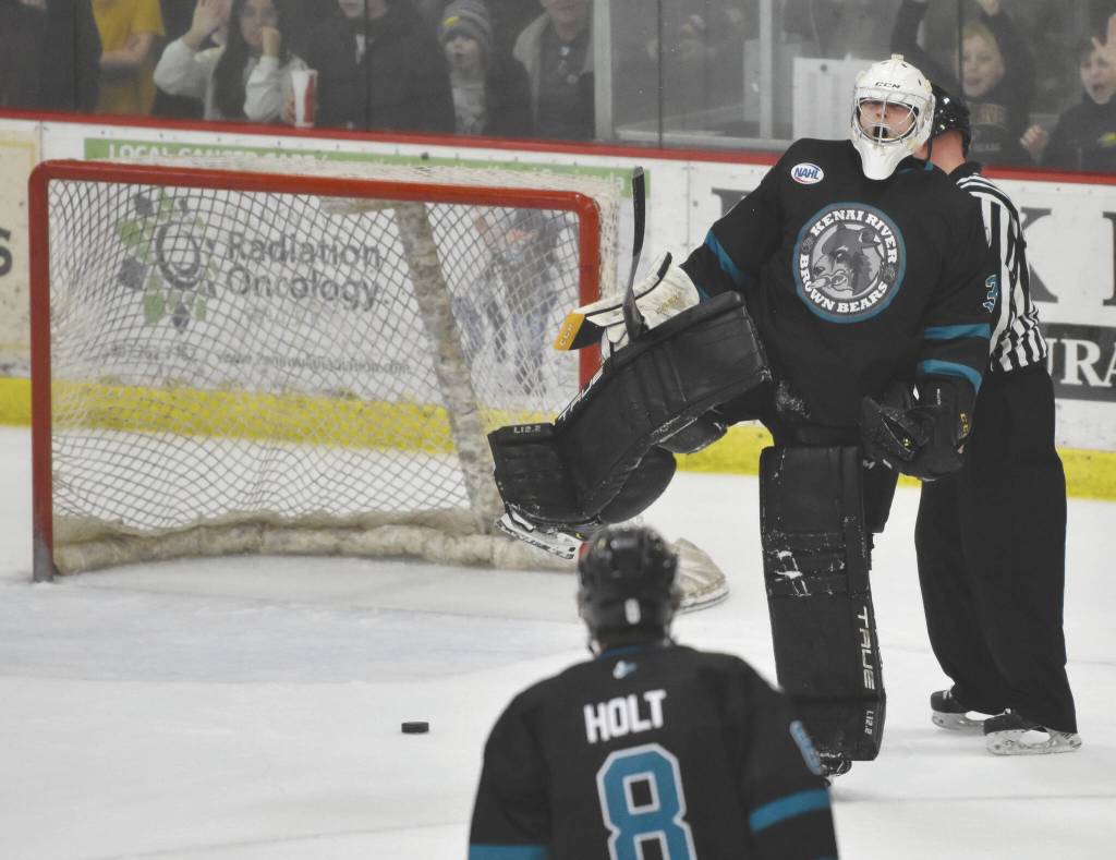 Kenai River Brown Bears goalie Nils Wallstrom celebrates winning a shootout over the Fairbanks Ice Dogs on Saturday, March 25, 2023, at the Soldotna Regional Sports Complex in Soldotna, Alaska. (Photo by Jeff Helminiak/Peninsula Clarion)