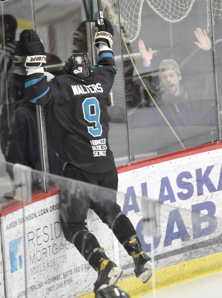 Kenai River Brown Bears forward Hayden Walters celebrates a goal Saturday, March 25, 2023, at the Soldotna Regional Sports Complex in Soldotna, Alaska. (Photo by Jeff Helminiak/Peninsula Clarion)
