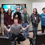 Kenai Central High School and Nikiski Middle/High Schools Super Smash Bros. Ultimate teams stand together for a photo after the first in-person match by Kenai Peninsula Borough School District teams on Monday, March 27, 2023 at Nikiski Middle/High School in Nikiski, Alaska. In the back from left to right is Koen Pace, Cody Good, Kage Adkins, Levi Kimbell, Lincoln Kimbell and Taisei Horiyasu. In front is Silas Thibodeau. (Photo provided by Kenai Central Esports)