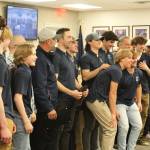 The Soldotna High School hockey team is recognized for winning the 2023 Division II state hockey championship during a Kenai Peninsula Borough Assembly meeting on Tuesday, April 4, 2023 in Soldtona, Alaska. (Ashlyn O'Hara/Peninsula Clarion)