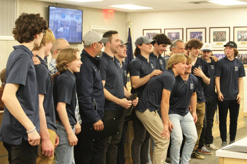 The Soldotna High School hockey team is recognized for winning the 2023 Division II state hockey championship during a Kenai Peninsula Borough Assembly meeting on Tuesday, April 4, 2023 in Soldtona, Alaska. (Ashlyn O'Hara/Peninsula Clarion)