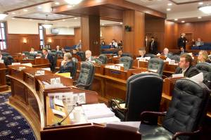 All chairs for minority members of the Alaska State House except for Minority Leader Calvin Schrage are empty during Wednesdays floor session after absent members fled the Alaska State Capitol over a dispute with the majority about an increase in education funding. (Mark Sabbatini / Juneau Empire)