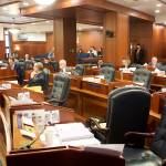 All chairs for minority members of the Alaska State House except for Minority Leader Calvin Schrage are empty during Wednesdays floor session after absent members fled the Alaska State Capitol over a dispute with the majority about an increase in education funding. (Mark Sabbatini / Juneau Empire)