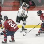 Parker Lockwood of the Kenai River Brown Bears looks for a way around Camden Shasby of the Fairbanks Ice Dogs on Friday, Oct. 29, 2021, at the Soldotna Regional Sports Complex in Soldotna, Alaska. (Photo by Jeff Helminiak/Peninsula Clarion)
