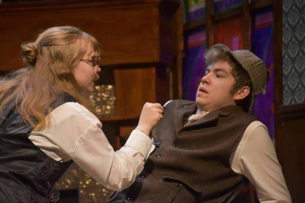 JLee Webster as the King of Bohemia threatens Josiah Burtons Sherlock Holmes during a rehearsal of Sherlock Holmes: The Final Adventure at Soldotna High School in Soldotna, Alaska, on Wednesday, April 12, 2023. (Jake Dye/Peninsula Clarion)