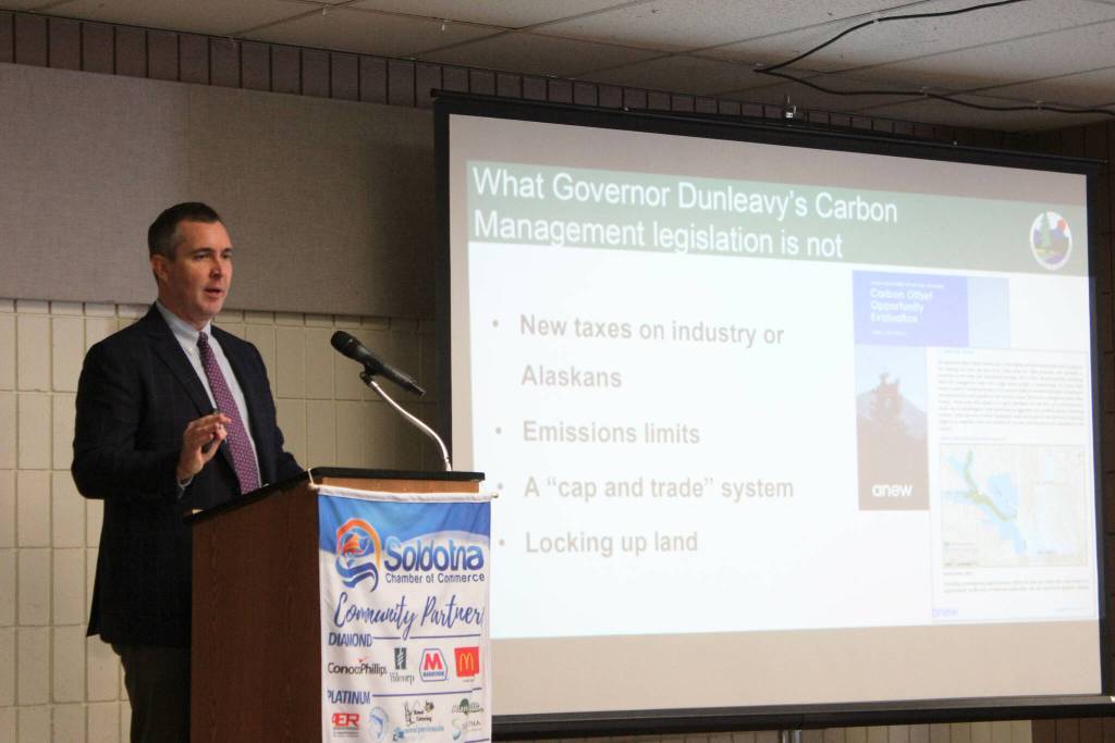 Alaska Department of Natural Resources Commissioner-designee John Boyle presents information about carbon capture, utilization and storage during a Soldotna Chamber of Commerce luncheon on Friday, April 14, 2023, in Soldotna, Alaska. (Ashlyn OHara/Peninsula Clarion)