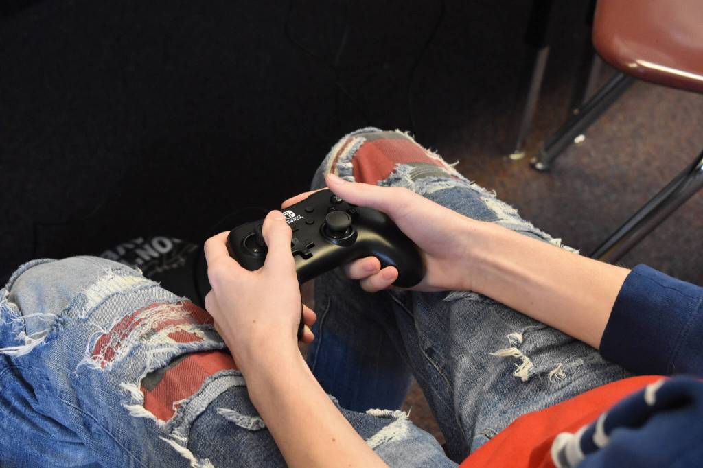 Kenai Centrals Koen Pace competes against Valdez High School in a playoff match for Alaska high school Super Smash Bros. Ultimate on Friday, April 14, 2023 at Kenai Central High School in Kenai, Alaska. (Jake Dye/Peninsula Clarion)
