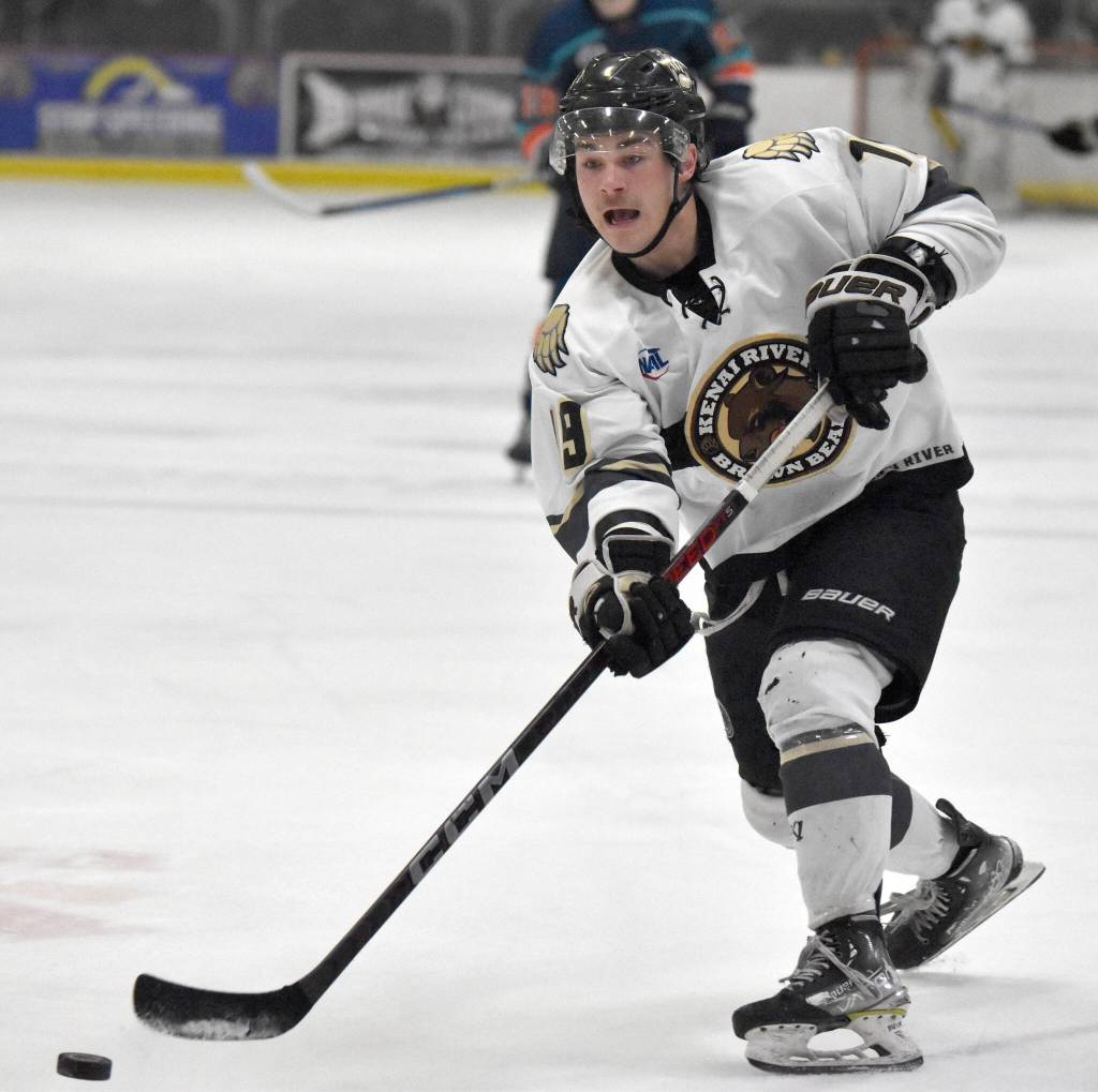 Kenai River Brown Bears forward Parker Lockwood scores a short-handed goal against the Anchorage Wolverines on Saturday, April 15, 2023, at the Soldotna Regional Sports Complex in Soldotna, Alaska. (Photo by Jeff Helminiak/Peninsula Clarion)