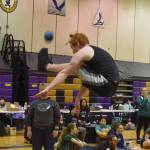 Homers Elijah Gordon performs the 2-Foot High Kick during the Salamatof Tribe Traditional Native Games Invitational at Kenai Middle School in Kenai, Alaska, on Friday, April 14, 2023. Gordon would ultimately place 2nd in the event. (Jake Dye/Peninsula Clarion)