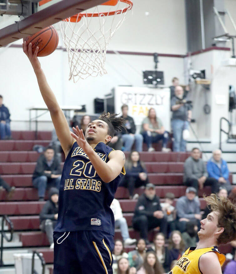 Ninilchik senior Jaylin Scott competes in the Class 1A/2A boys game in the Alaska Association of Basketball Coaches senior all-star games Saturday, April 15, 2023, at Grace Christian School in Anchorage, Alaska. (Photo by Bruce Eggleston/matsusports.net)