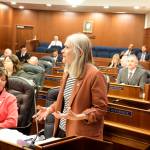 Mark Sabbatini / Juneau Empire
State Rep. Andi Story, D-Juneau, discusses what she considers inadequacies in state education funding during floor debate Monday, April 17, 2023, about the Houses proposed budget for the coming fiscal year. The budget approved by a 23-17 vote will next be considered by the Senate, with a compromise version likely drafted to resolve differences before the end of the session.