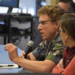Department of Fish and Game Biologist Adam Reimer responds to a question during a panel discussion for the Kenai Peninsula College Showcase State of the Salmon on Wednesday, April 20, 2023, at KPC in Soldotna, Alaska. (Jake Dye/Peninsula Clarion)