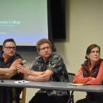University of Alaska Fairbanks Associate Professor Dr. Peter Westley, Department of Fish and Game Biologist Adam Reimer, and Cook Inletkeeper Science Director Sue Mauger listen to a question during a panel discussion for the Kenai Peninsula College Showcase "State of the Salmon" on Wednesday, April 20, 2023, at KPC in Soldotna, Alaska. (Jake Dye/Peninsula Clarion)