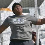 Soldotna's Ala Tuisaula throws the discus at the SoHi Invitational at Soldotna High School on Saturday, April 22, 2023, in Soldotna, Alaska. (Photo by Jeff Helminiak/Peninsula Clarion)