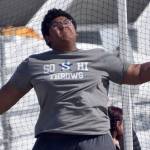 Soldotnas Ala Tuisaula throws the discus at the SoHi Invitational at Justin Maile Field at Soldotna High School on Saturday, April 22, 2023, in Soldotna, Alaska. (Photo by Jeff Helminiak/Peninsula Clarion)