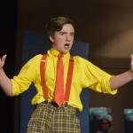 Jackson Hooper portrays SpongeBob SquarePants during a rehearsal of SpongeBob SquarePants on Saturday, April 15, 2023, at Nikiski Middle/High School in Nikiski, Alaska. (Jake Dye/Peninsula Clarion)
