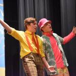 Jackson Hooper portrays SpongeBob SquarePants alongside Oliver Parrish as Patrick during a rehearsal of SpongeBob SquarePants on Saturday, April 15, 2023, at Nikiski Middle/High School in Nikiski, Alaska. (Jake Dye/Peninsula Clarion)