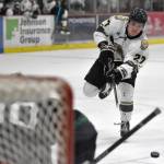 Minnesota Wilderness goaltender Isak Posch saves a breakaway by Kenai River Brown Bears forward Garett Drotts on Friday, April 28, 2023, at the Soldotna Regional Sports Complex in Soldotna, Alaska. (Photo by Jeff Helminiak)